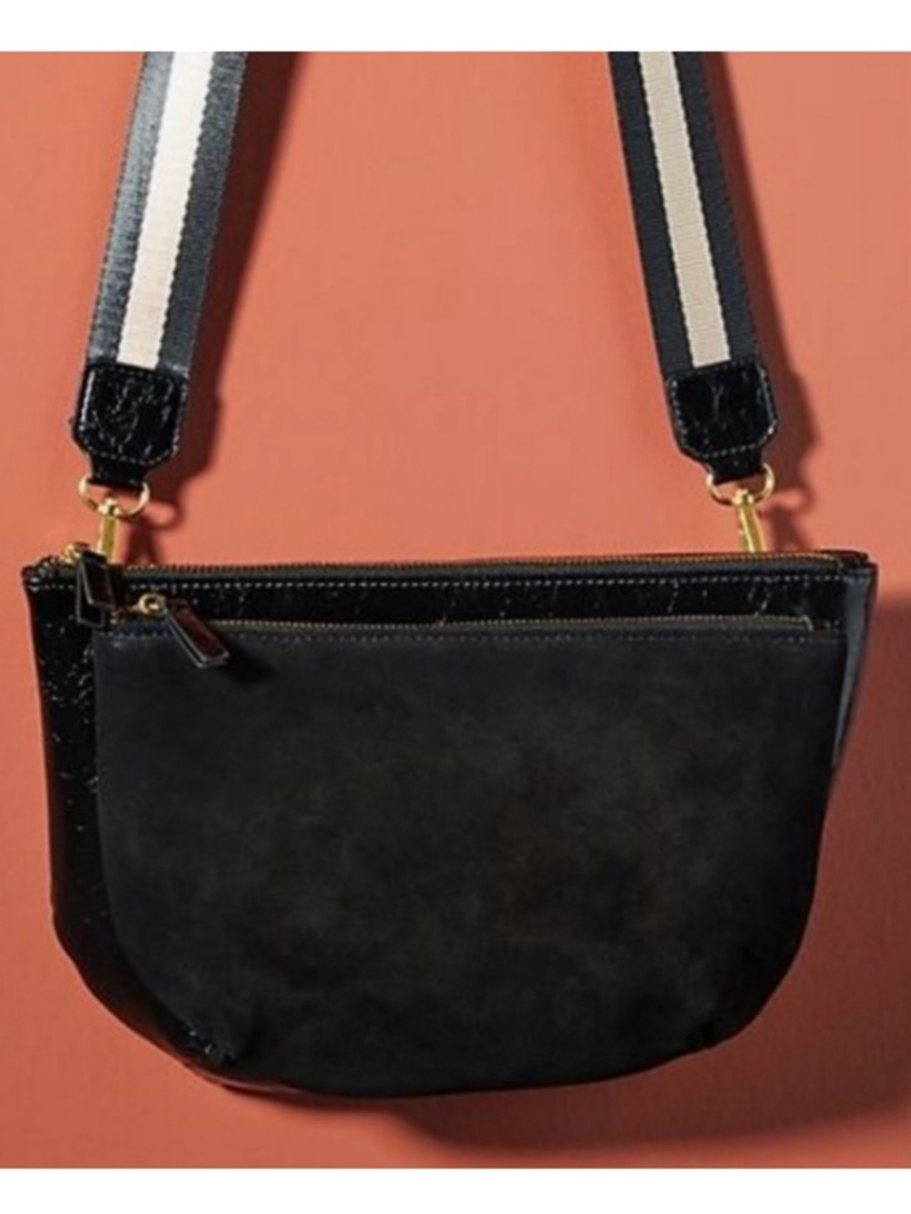 Anthropologie Black Suede Crossbody Bag with Striped Strap